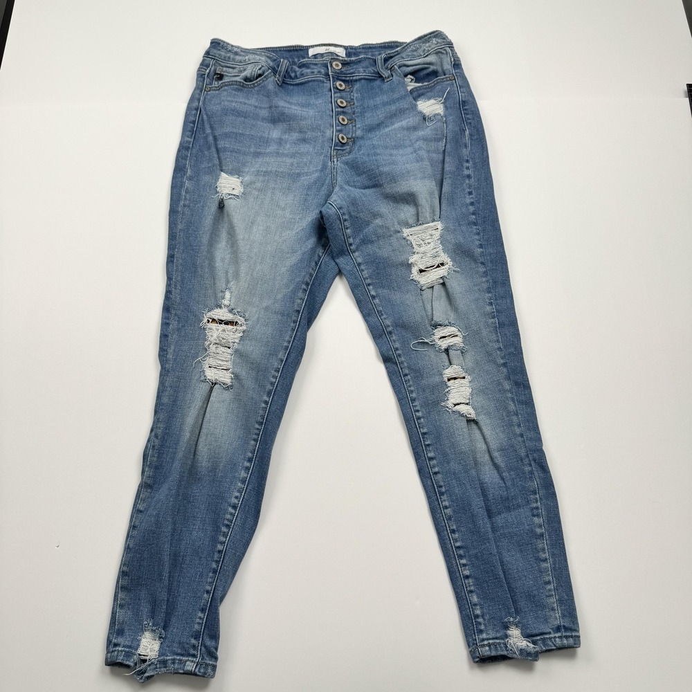KanCan Jeans Womens XL (35x27) Distressed Button Fly Leopard Patch Ripped Pants